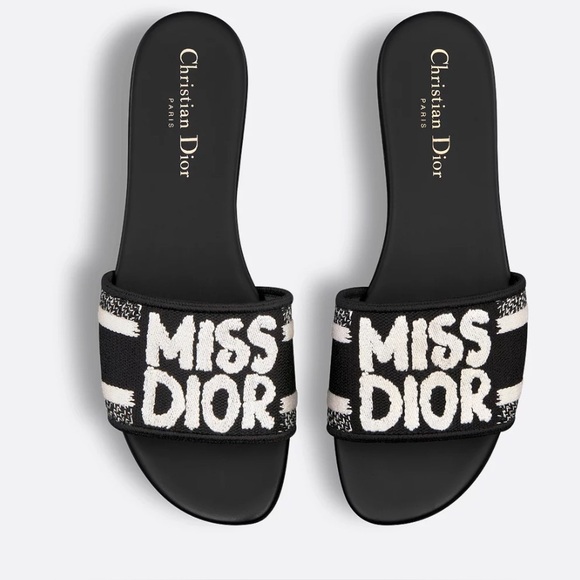 Miss Dior Dway Deep Black/White Embroidered slides 41/10 - Picture 1 of 6